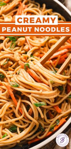 a pan filled with creamy peanut noodles and carrots