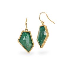 Geometric emerald earrings on white Luxury Octagon Gemstone Earrings, Elegant Octagon Gemstone Earrings, Formal Gold Plated Jewelry With Gemstone Accents, Formal Gold-plated Jewelry With Gemstone Accents, Gold Plated Dangle Jewelry With Gemstone Accents, Gold Plated Drop Earrings With Gemstone Accents, Modern Emerald Gemstone Earrings, Luxury Faceted Emerald Jewelry, Gold-plated Yellow Gold Earrings With Gemstone Accents