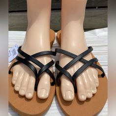 Bought At Payless, Never Worn Black Strappy Flip Flops For The Beach, Black Strappy Flip Flops For Beach, Strappy Synthetic Flip Flops For Beach, Strappy Synthetic Flip Flops For Vacation, Adjustable Strappy Synthetic Flip Flops, Casual Strappy Flip Flops With Cushioned Footbed, Fabric Flip Flops, Fancy Sandals, Airwalk Shoes