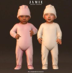 two baby dolls are standing next to each other in pink and white outfits with hats on their heads