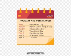 a calendar with the holidays and observants dates on it, transparent background