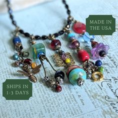 This Colorful Recycled Bead Necklace features whimsical boho charms in eclectic dark rainbow colors. A unique handmade gift, it's an ideal choice for your spouse or sister. 𝗗𝗘𝗧𝗔𝗜𝗟𝗦 🍂 Measures 25 and 1/2 inches is length 🍂 Strung on strong 49 strand professional beading cable 🍂 American brass fold over hinge clasp; fastens on side 🍂 Upcycled Czech glass, acrylic flower, chain, working safety pin, clasp, and more 🍂 Vintage wood bell bead, USA brass bee charm, mixed metal beads 🍂 Czech glass is a mix of colors and shapes 🍂 One of a kind gift; don't miss out! 𝗛𝗢𝗪 𝗧𝗢 𝗢𝗥𝗗𝗘𝗥 1: Select item quantity 2: Select options, if applicable 3: Add to cart 4: Choose shipping method 𝗬𝗢𝗨 𝗔𝗟𝗦𝗢 𝗠𝗜𝗚𝗛𝗧 𝗟𝗜𝗞𝗘 Lever Back Earrings: https://www.etsy.com/shop/creationsbytara/?ets Boho Charms, Dark Rainbow, Mix Jewelry, Flower Chain, Acrylic Flower, Gift For Sister, Bee Charms, Acrylic Flowers, Matching Jewelry