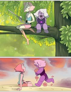 two cartoon images one with pink hair and the other with purple hair sitting on a tree branch