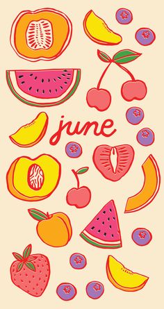 an image of a poster with fruits and the words june written in red on it