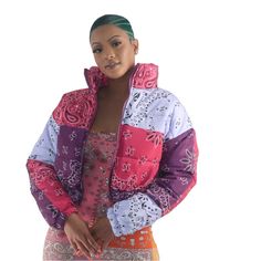 Purple Bandana Crop Puffer Jacket Sale From My Boutique Casual Patchwork Quilted Jacket For Winter, Casual Winter Quilted Jacket With Patchwork, Winter Casual Patchwork Quilted Jacket, Multicolor Quilted Spring Outerwear, Trendy Multicolor Patchwork Outerwear, Trendy Cotton Puffer Jacket For Winter, Trendy Winter Cotton Puffer Jacket, Multicolor Hooded Puffer Jacket For Fall, Spring Streetwear Patchwork Outerwear