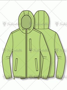 a green jacket with hood and zippers on the back, front and side views