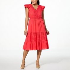 Lacey Chabert Tiered Midi Dress   Cute, comfortable and convenient, this flattering flutter-sleeve dress will bring you to tiers. Lacey Chabert, Tiered Midi Dress, Midi Length Skirts, Red Midi Dress, Flutter Sleeve Dress, Draped Fabric, Types Of Skirts, Flutter Sleeve, Color Choices