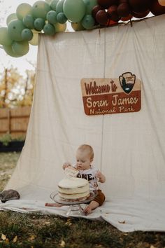 a baby sitting in front of a cake