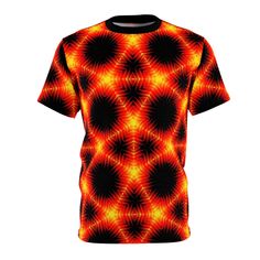 Scintillating Inferno T-Shirt - Psychedelic Fire Design, Vibrant Flame Pattern, Bold Statement Tee, Unisex All-Over Print T-Shirt Ignite your style with the Scintillating Inferno T-Shirt. This bold and vibrant design features a mesmerizing psychedelic fire pattern that radiates intense energy. Perfect for those who love to make a fiery statement, this T-shirt combines striking visuals with exceptional comfort. Crafted from high-quality 100% polyester, the Scintillating Inferno T-Shirt offers a lightweight and breathable feel, ensuring you stay comfortable all day long. The all-over print retains its vivid colors even after multiple washes, making it a durable addition to your wardrobe. The unisex cut guarantees a flattering fit for all body types, making it a versatile piece for any occasi Fitted Crew Neck Shirt With Sublimation Print, Orange Crew Neck Top With Graphic Print, Red All Over Print Crew Neck Shirt, Fitted Red T-shirt With Sublimation Print, Fitted T-shirt With All Over Print For Streetwear, Red Crew Neck T-shirt With Sublimation Print, Red Crew Neck Shirt With All Over Print, Fitted Red Top With All Over Print, Orange Printed Short Sleeve Tops