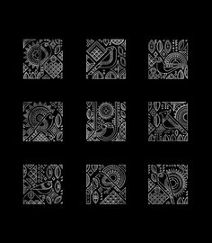 six black and white designs on a black background