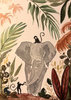 an elephant with a monkey on its back in front of some plants and trees,