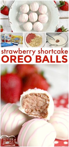 strawberry shortcake oreo balls on a plate with strawberries