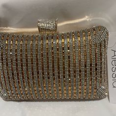 Alessia Gold Rhinestones Evening Clutch Purse Nwt. Embellished Crystal Evening Bag For Prom, Crystal Embellished Evening Bag For Prom, Prom Evening Bag Embellished With Crystals, Prom Crystal Evening Bag Embellished, Elegant Crystal Bag For Prom, Elegant Crystal Bags For Prom, Glamorous Bedazzled Evening Bag For Wedding, Elegant Gold Bag For Prom, Elegant Sparkling Bags For Prom