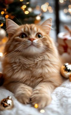 an orange cat sitting in front of a christmas tree