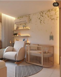 a baby's room with a rocking chair and crib