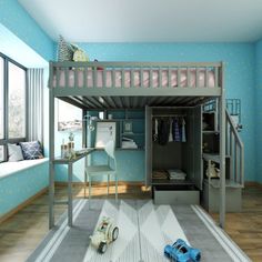 a bunk bed in a room with blue walls and white rugs on the floor