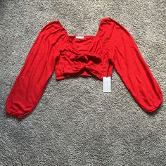 - Brand New - Measurements Shown In Photos - Two Ties In Front Red Long Sleeve Crop Top For Fall, Red Cotton Blouse For Brunch, Red Long Sleeve Cotton Crop Top, Red Stretch Cotton Blouse, Red Stretch Blouse For Fall, Casual Red Blouse For Brunch, Red V-neck Crop Top For Spring, Red Long Sleeve Blouse For Day Out, Red Casual Top For Brunch