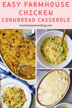 collage of chicken cornbread casserole with text overlay that reads easy farmhouse chicken cornbread casserole