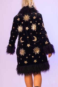 Sequin Velvet Sun Moon Black Fleece Lined Jacket Coat Festival Sequin Penny Lane Afghan Gold Silver Unique Rave Unicorn Show Girl Faux Fur - Etsy Witchy Coat, Sun And Moon Fashion, Wizard Jacket, Unique Fall Outfits, Cosmic Fashion, Festival Coats, Sequin Coats, Show Girl, Mongolian Fur