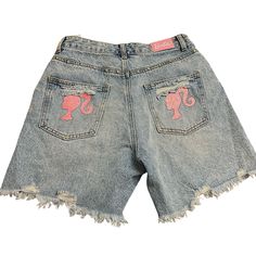 **Please See All Photos & Description Barbie Jean Shorts Forever 21 Distressed Frayed Hem Rips Ripped By Manufacturer Pink Barbie On Back Pockets Rhinestone Details **Missing Rhinestone On Wearers Right -See Photo Medium New With Tag Pink Barbie, Pink Rhinestones, Jean Shorts, Forever 21, Cute Outfits, Womens Shorts, Pink, Women Shopping, Blue