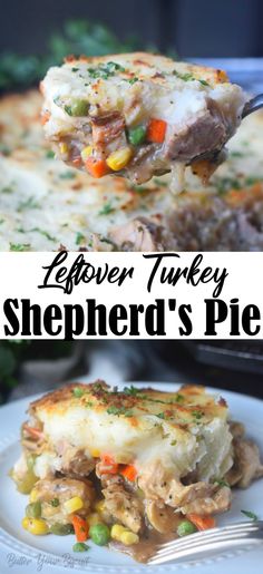 a close up of a slice of shepherd's pie on a plate