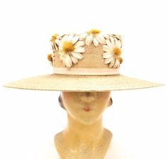 Gorgeous Antique Straw Hat Wide Brim Womens Victorian Daisies Applique Large Vintage Straw Hat For Royal Ascot, Vintage Straw Hat For Royal Ascot Garden Party, Vintage Straw Hat For Beach And Royal Ascot, Vintage Straw Hat For Garden Party And Royal Ascot, Vintage Handmade Straw Hat For Garden Party, Vintage Brimmed Straw Hat For Royal Ascot, Vintage Straw Hat With Curved Brim For Royal Ascot, Vintage Brimmed Boater Hat For Spring, Vintage Straw Hat For Spring Wedding