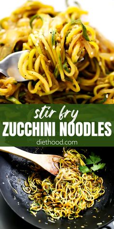 stir fry with zucchini noodles in a skillet