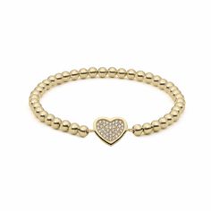 Do you believe in love at first sight? The Heart of Gold Charm Bracelet will turn you into a believer as soon as you lay your eyes on it. A feminine heart silhouette covered in shimmering cubic zirconia will make the Heart of Gold Charm Bracelet your instant go-to for a variety of occasions. This luxe beaded bracelet will ensure that you feel polished and pretty every time. Whether worn alone or mixed into your favorite bracelet stack, you will be sure to keep this one on repeat. Available in yo Gold Beaded Bracelet, Gold Bead Bracelets, Gold Charm Bracelet, On Repeat, Gold Charm, Silver Roses, Silver Rose Gold, Heart Of Gold, Bracelet Stack