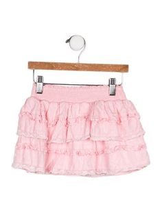 Girls' pink LoveShackFancy skirt with lace trim, ruffle accents and elasticised waistband. Designer size 5-6Y. Hand wash aonly Loveshackfancy Skirt, Skirt With Lace Trim, Frilly Skirt, Skirt With Lace, Ruffle Mini Skirt, All Kids, Pink Girl, Lace Trim, Mini Skirt