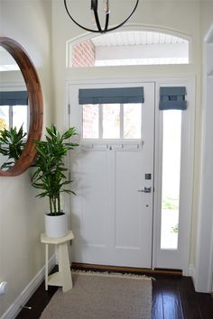 a white front door with a potted plant next to it and a mirror on the wall