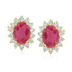 Ross-Simons - 2.00ct t.w. Ruby, .36ct t.w. Diamond Earrings in 14kt Yellow Gold. Perfect for red enthusiasts or the July-born, these 2.00 ct. t.w. oval ruby earrings are bursting with cherry-red goodness from a lively halo of .36 ct. t.w. round brilliant-cut diamonds. Set in polished 14kt yellow gold. Post/clutch, diamond and ruby earrings. Ruby birthstones are the perfect gift for July birthdays. Ruby Diamond Earrings, Pink Topaz Ring, Tanzanite Necklace, Ruby Birthstone, Pink Sapphire Ring, Fine Jewelery, Pink Topaz, Ruby Earrings, Ruby Jewelry