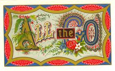 an old postcard with the word art written in large letters and flowers on it