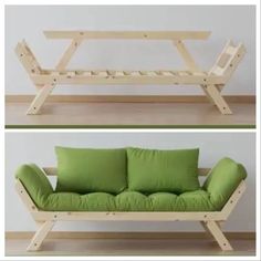 two pictures of a couch made out of wood and green pillows on the bottom one