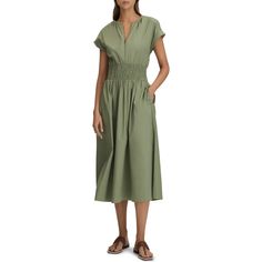 "Find REISS Lena Shirred Waist Cotton Midi Dress on Editorialist. A cotton dress features a sweetly shirred waist and the perfection of a pair of pockets. 48\" length (size 4UK0) Split neck Short sleeves Side-seam pockets Unlined 100% cotton Machine wash, line dry Imported" Cotton Midi Dress, Dress Home, Green Midi Dress, Blue Midi Dress, Cream Dress, Cotton Dress, Cotton Dresses, Day Dresses, Zip Ups