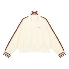 (WMNS) New Balance Half Zip Sweatshirt 'Cream White Red' AWT23561-MCU Cream Letter Print Top For Streetwear, Cream Long Sleeve Top With Ribbed Cuffs, Cream Long Sleeve Sweatshirt With Letter Print, Cream Crew Top For Fall, Cream Long Sleeve Letter Print Sweatshirt, Sporty Long Sleeve Beige Sweater, Sporty Cream Tops For Fall, White Ribbed Collar Tops For Streetwear, White Tops With Ribbed Collar For Streetwear