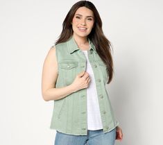 Make like your own personal stylist and demonstrate how this denim vest ups the cool quotient of your existing tanks, sleeved tees, and dresses. Or, try it our favorite way -- buttoned up (a little or a lot) as a standalone top. From LOGO by Lori Goldstein®. Trendy Button-up Cotton Vest, Trendy Cotton Denim Vest With Snap Buttons, Casual Button-up Spring Vest, Cotton Button-up Vest, Sleeveless Cotton Denim Jacket With Button Closure, Spring Cotton Denim Vest With Snap Buttons, Casual Cotton Vest With Snap Buttons, Casual Cotton Denim Vest With Buttons, Summer Cotton Vest With Snap Buttons