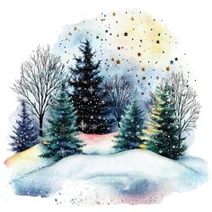 a watercolor painting of trees in the snow with stars above them and on top of it