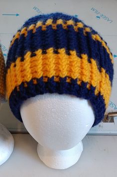 Adult size hat - hand crochet by me. West Virginia University colors Yellow One-size Yarn Beanie, Yellow Yarn Crochet Beanie Hat, Yellow Yarn Crochet Cap, Yellow Crochet Cap Hat, Hand Knitted Yellow Crochet Hat, Yellow Yarn Crochet Hat, Yellow Crochet Yarn Cap, Yellow Knit Beanie Hat, Yellow Hand Knitted Beanie Crochet Hat