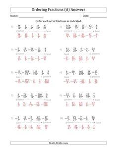 ordering fractions worksheet with numbers and subtracting the same number in order to