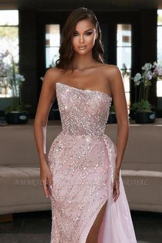 Bmbridal Strapless Pink Mermaid Evening Dress With Beadings Split | BmBridal Evening Style, Pink Evening Dress, Prom Dresses Long Mermaid, Sequin Prom Dress, Evening Dress Fashion, Mermaid Evening Dresses, Mermaid Fashion, Mermaid Prom Dresses, Party Gowns