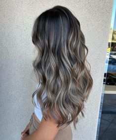 Dark And Ash Balayage, Hair Colors For Black Hair Highlights, Brunette Hair With Ashy Blonde Highlights, Dark Ash Brown Hair Highlights, Dark With Ash Highlights, Beige Balayage On Black Hair, Dark But Light Hair, Platinum Blonde Highlights In Brown Hair