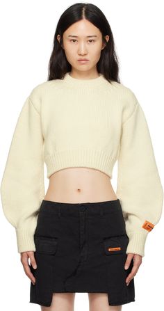 Knit wool sweater. · Rib knit crewneck, hem, and cuffs · Cropped hem · Bishop sleeves · Logo patch at sleeve · Cutout at back Supplier color: White White Cropped Sweater, Crop Jumper, Cropped Knit Sweater, Heron Preston, Sweater Jumper, Knit Crewneck, Yellow Fashion, White Crop, Knit Jumper