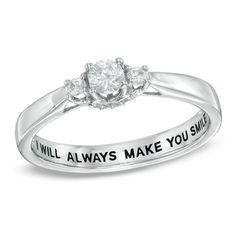 a white gold ring with an inscription on it that says, i will always make you smile