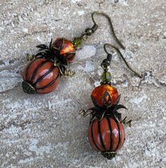 Pumpkin Earrings | Fall Earrings | Autumn Earrings | Harvest Earrings | Orange Earrings | Antique Br Cheap Orange Earrings For Halloween, Whimsical Handmade Orange Earrings, Orange Dangle Earrings For Halloween, Cheap Spooky Orange Earrings, Fun Orange Halloween Earrings, Pumpkin Bead, Leather Choker Necklace, Blue Crystal Earrings, Bronze Necklace