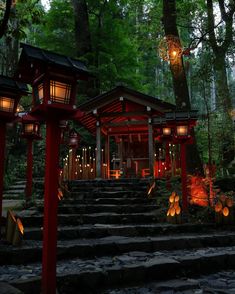 lanterns lit up on the steps leading to a pavilion in the woods at night time