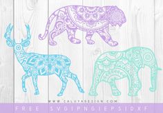 three elephants with intricate designs on them, one is blue and the other is pink