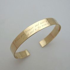 "Personalized gold bracelet with customized text up to 16-18 words on each side! Customized Christmas Gift for her! Beautiful, custom bracelet with a memorable message. Choose wonderful personalized cuff bracelets for her to make engravement gifts to any occasion! Personalized Christmas Gift for her! Even Cupid himself couldn't have created a more beautiful way to tell her how much you love and care. With an elegant, cute design and your words engraved, she'll be charmed by the gorgeous message bracelet. The fine gold filled bracelet can be two lines engraved - both inside and outside. Thus you may send her a secret message. This can be a quote, phrase, words, dates etc. Great gift for a special anniversary, birthday or just because you want to tell her one more time how you feel. Features Quotes For Anniversary, Personalized Silver Bracelets, Personalized Gold Bracelet, Personalized Cuff Bracelets, Engraved Bangle Bracelet, Custom Engraved Bracelet, Bracelet Message, Engraved Bangle, Bracelet Quotes