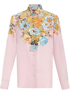 light pink/multicolour silk crepe de chine floral print classic collar front button fastening long sleeves buttoned cuffs straight hem Jonathan Adler, Mother Denim, Silk Pajamas, Pajama Shirt, Silk Crepe, Frame Denim, David Yurman, Lady Dior, Silk Shirt