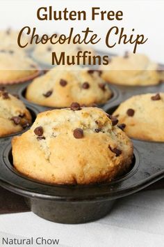 gluten free chocolate chip muffins in a baking pan with text overlay