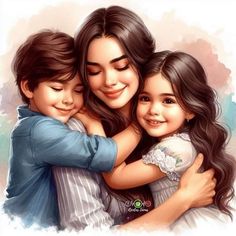 a painting of three children hugging each other